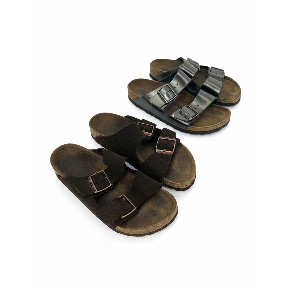 Birkenstock Arizona Sandals Metallic Silver Brown Suede Bundle Size 37